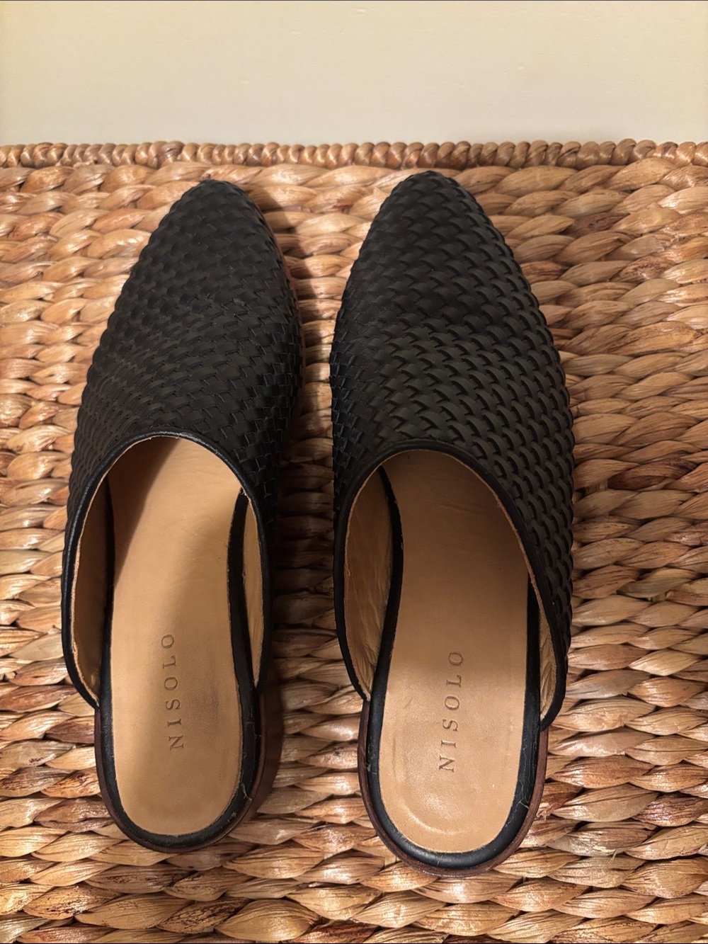 Nisolo Black Woven Slip-On Mules - leather Backless Design